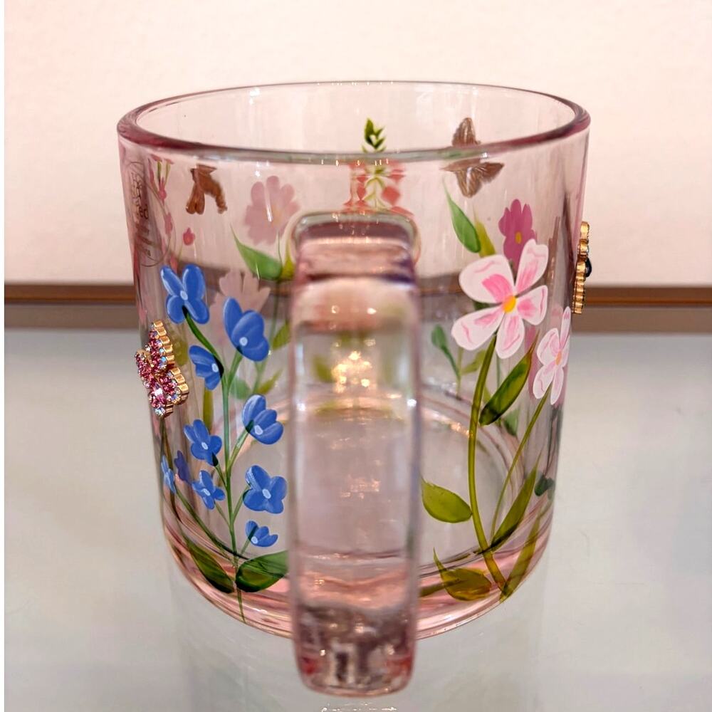 2pc Hand Painted & Jeweled Glass Mugs Multicolored Floral Butterfly NEW - Picture 4 of 15